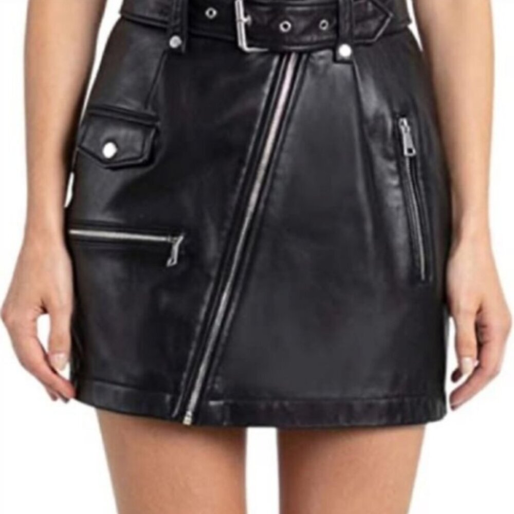 7 For All Mankind Vegan Faux Leather Zipper Asymmetrical Mini Skirt Size Small - Picture 2 of 8